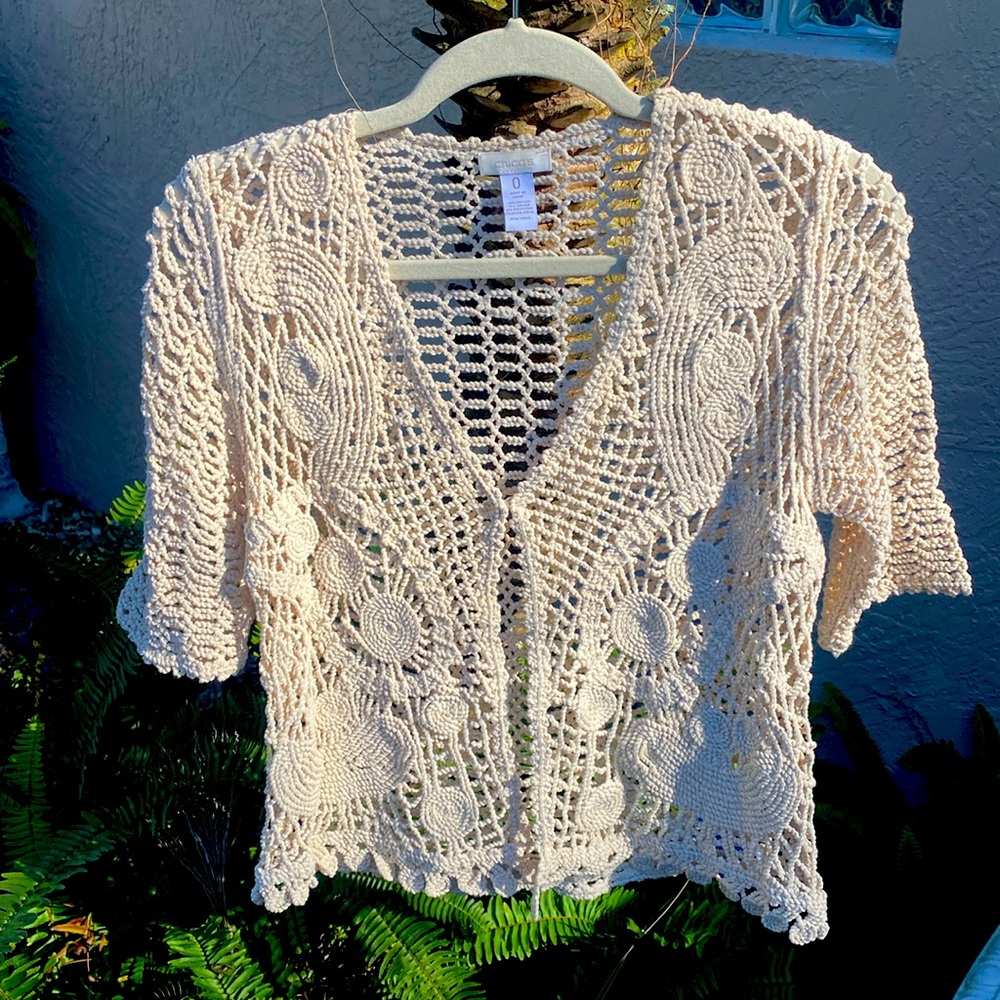 Chico’s crocheted Sweater/Topper with subtle shimmer detail